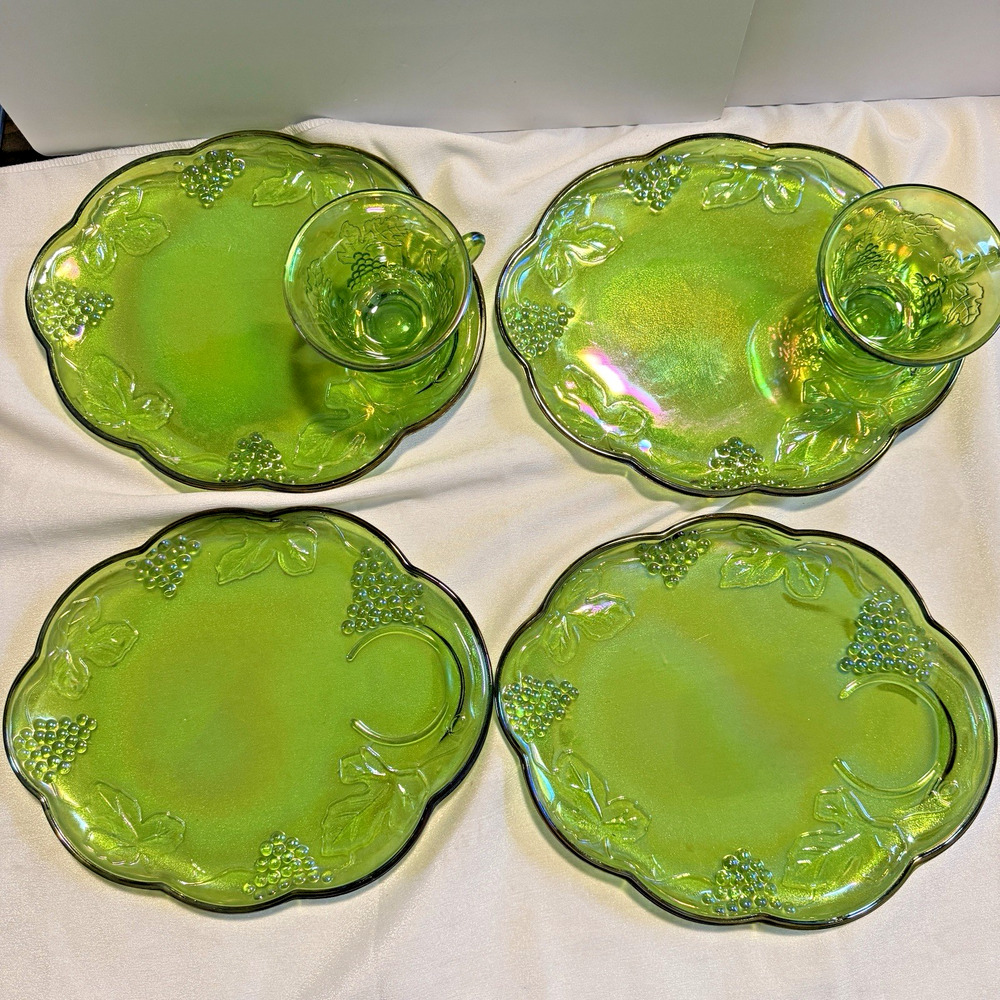 Vtg Indiana Glass Lime Green Carnival Glass Harvest Grape 6 Pc Snack Set 4 Plt 2